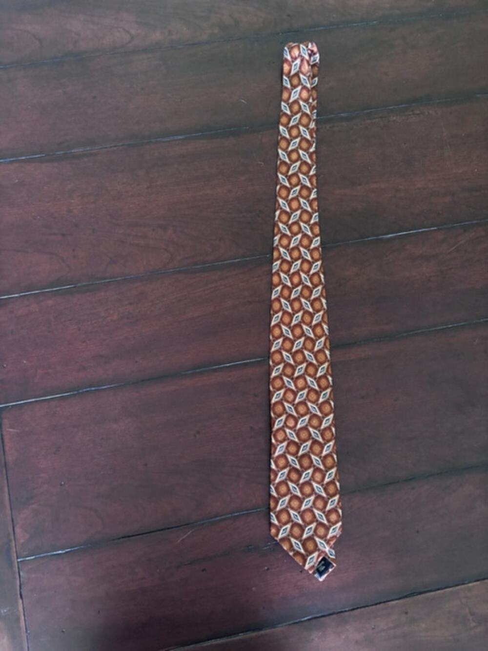 Jos A Bank Mens 100% Silk Tie Brown Copper Blue Geometric Diamond Necktie